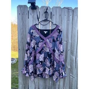 Cato Plus Size 22/24W Purple Floral Sheer Smocked Hem Ruffle V-Neck Blouse Top